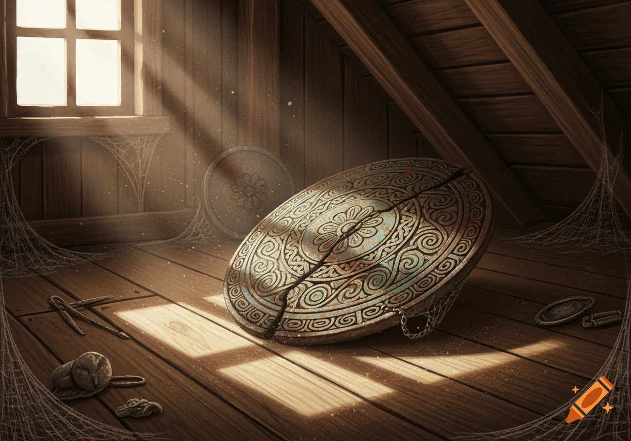 A dusty attic scene with sunbeams illuminating an ornate, broken disc and cobweb-covered wooden floor.