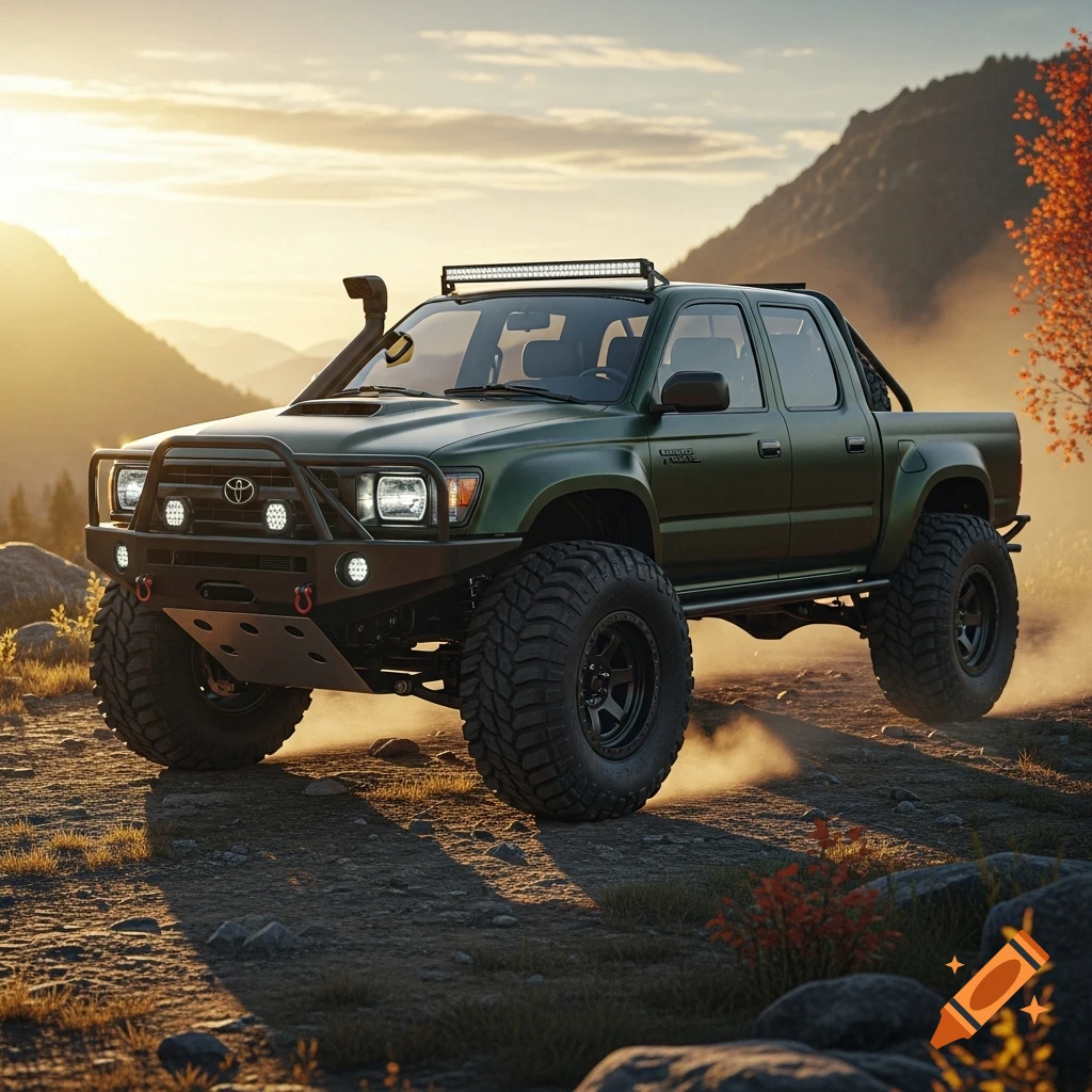 A green off-road pickup truck with large tires and a light bar drives on a dusty trail in a mountainous landscape at sunset.