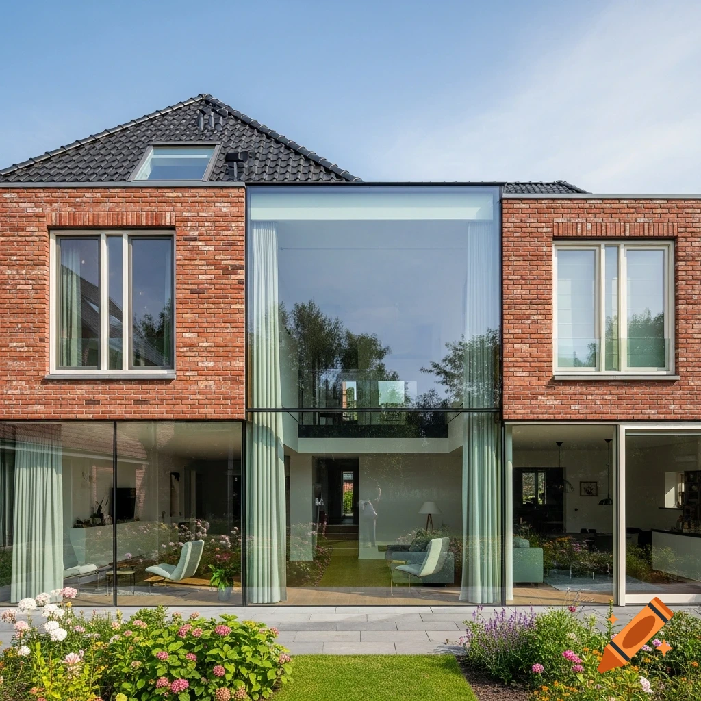 A modern house with red brick walls, large glass windows, and a black tiled roof, surrounded by a colorful garden under a clear blue sky.