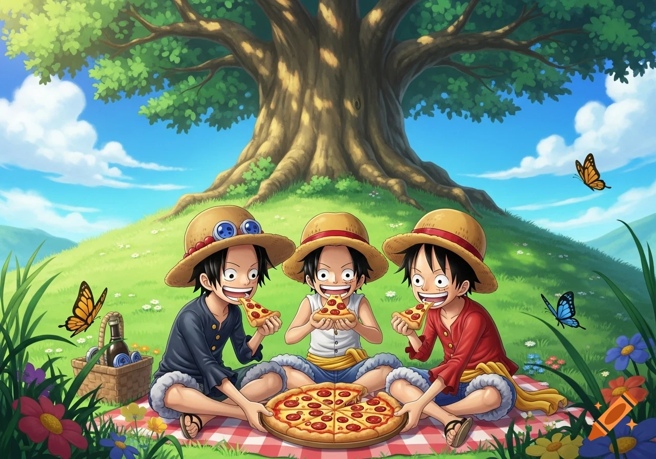 Anime illustration of child Ace, Sabo, and Luffy eating pizza at a picnic under a large tree on a grassy hill.