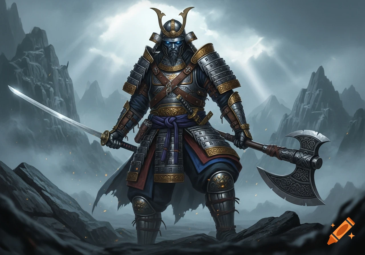 A heavily armored warrior, mixing samurai and Viking styles, stands on rocky ground, holding a katana and a double-bladed axe under a stormy sky.