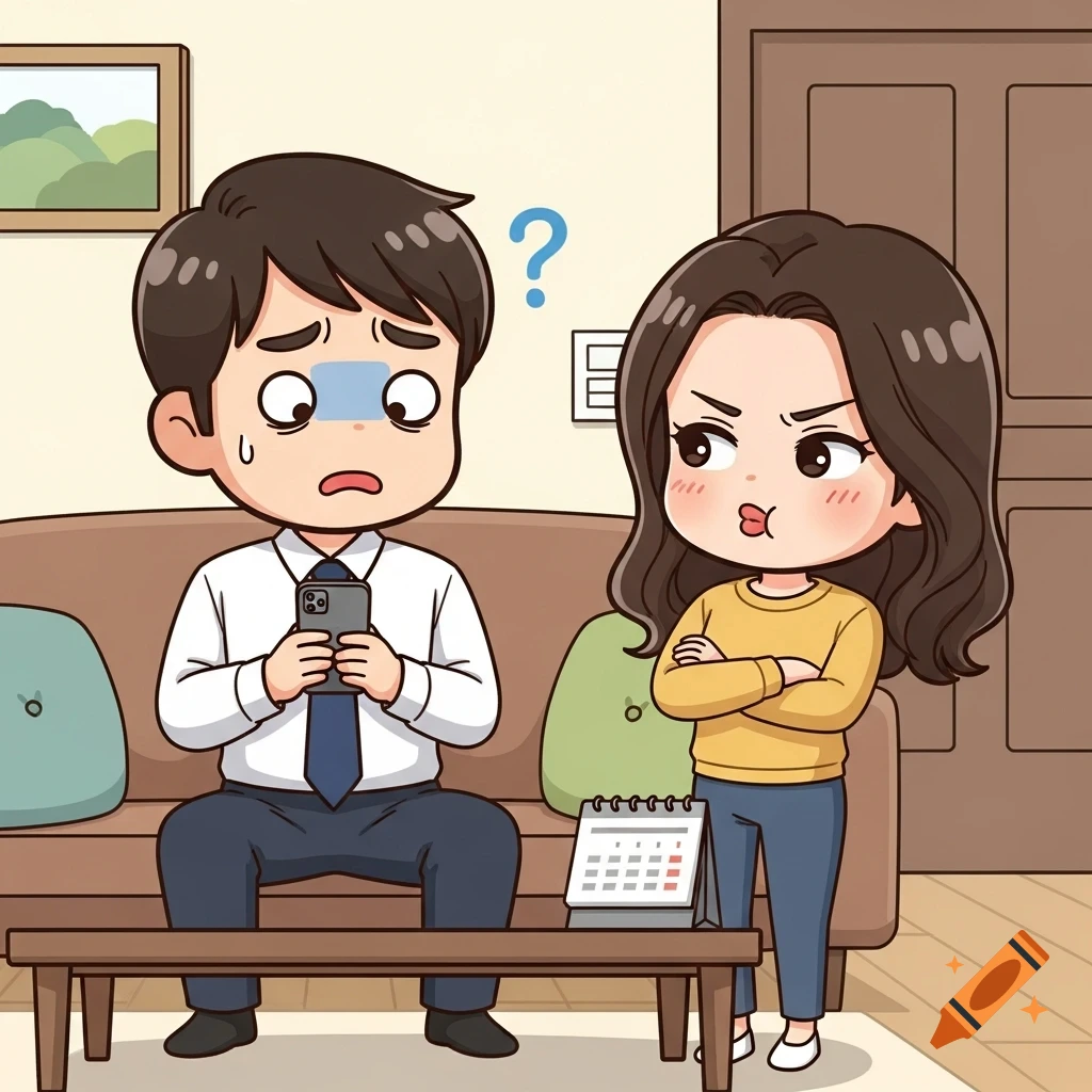 A chibi-style illustration of a man sitting on a couch, looking confused at his phone, while a woman with crossed arms stands beside him, looking annoyed.