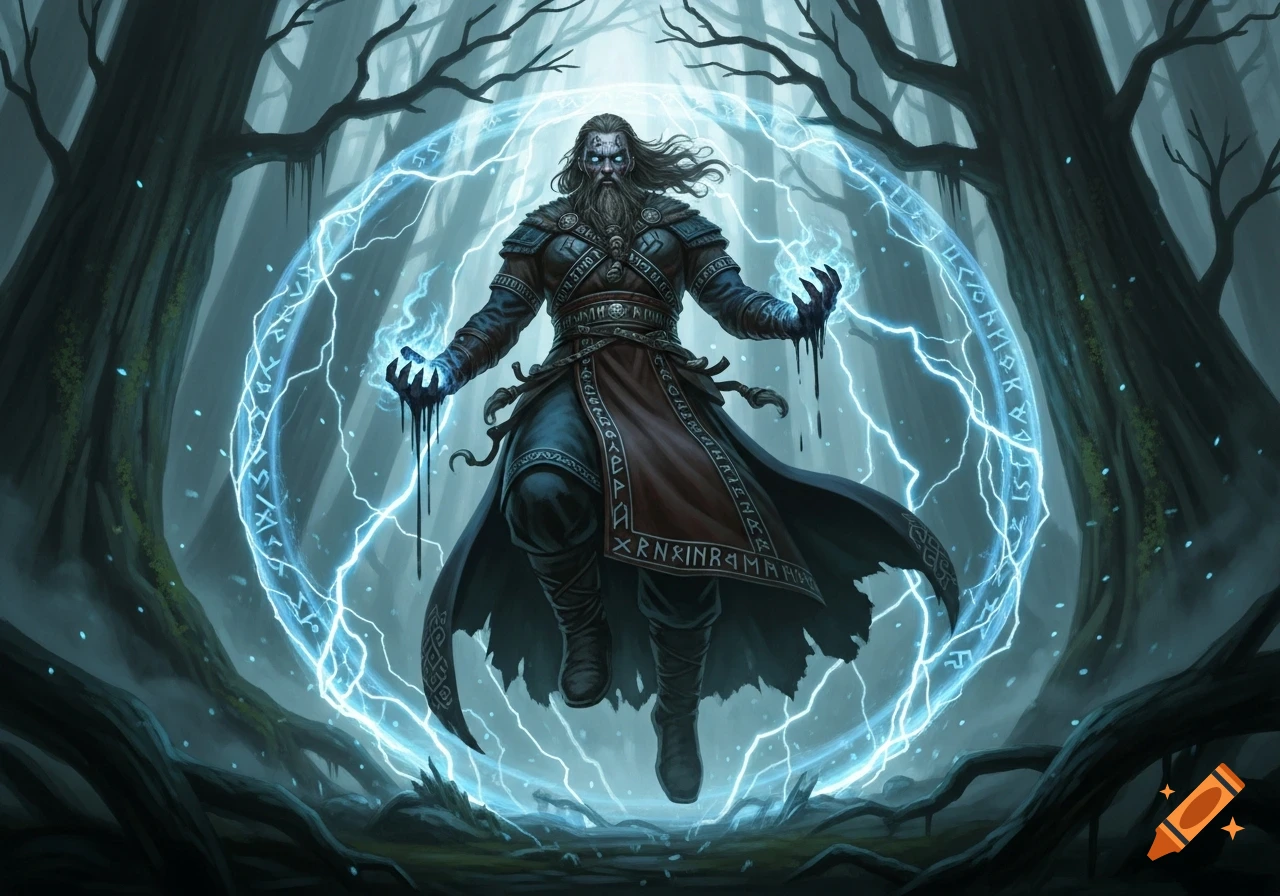 A bearded Viking sorcerer with glowing eyes levitates in a dark forest, surrounded by a swirling ring of blue lightning and runes.