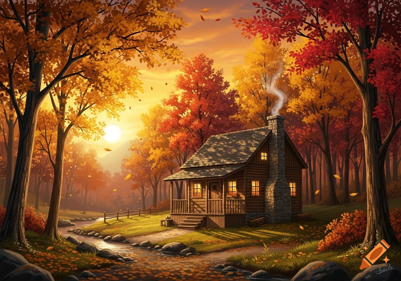 A rustic wooden cabin with a smoking chimney nestled in a vibrant autumn forest at sunset, with a stream flowing by.