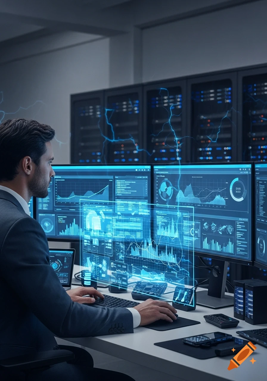 A man in a suit works on multiple computer monitors displaying glowing blue data graphs and futuristic holographic interfaces in a server room.
