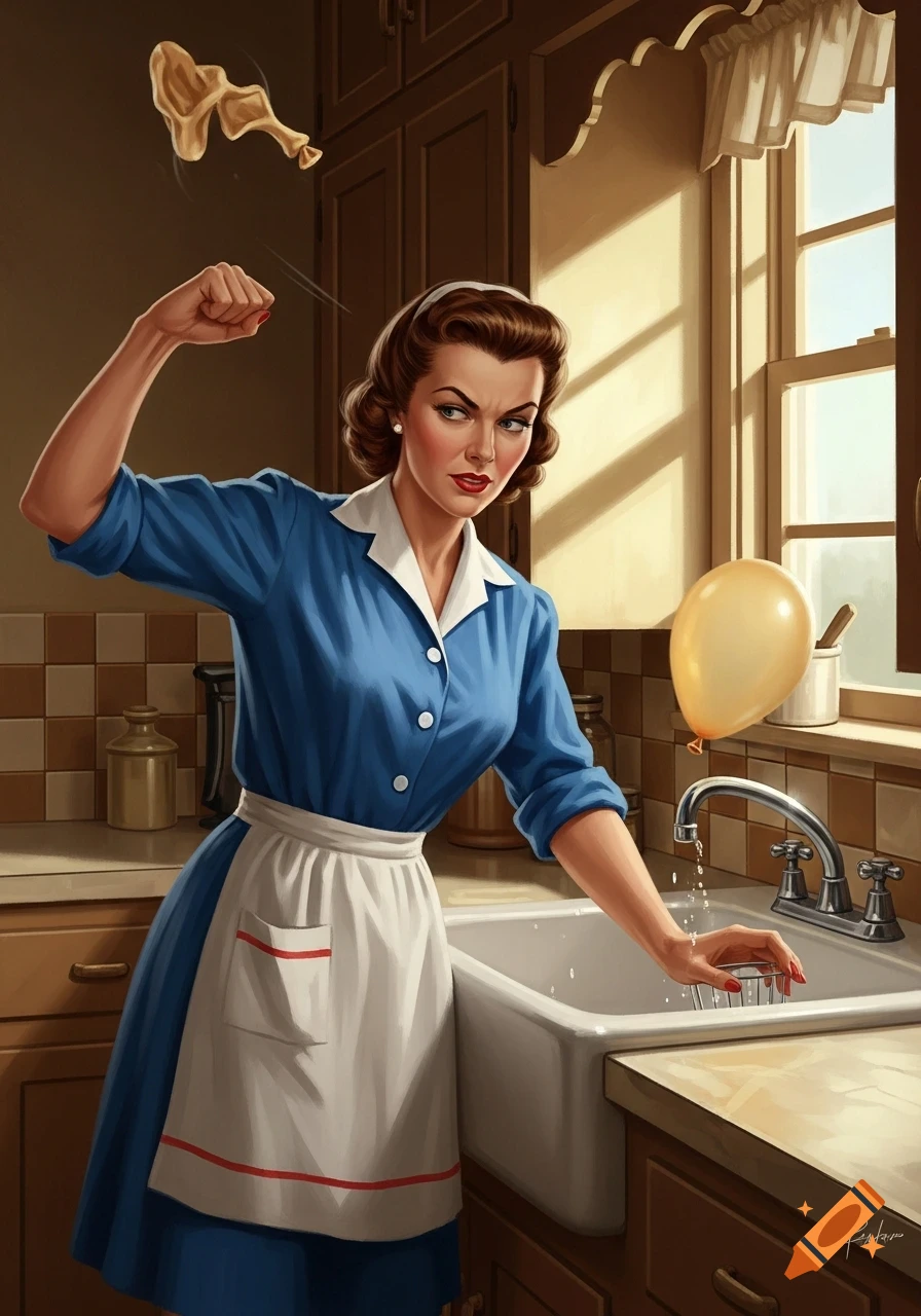 Retro illustration of an annoyed 1940s-style woman in a kitchen, raising her fist at a falling deflated balloon.