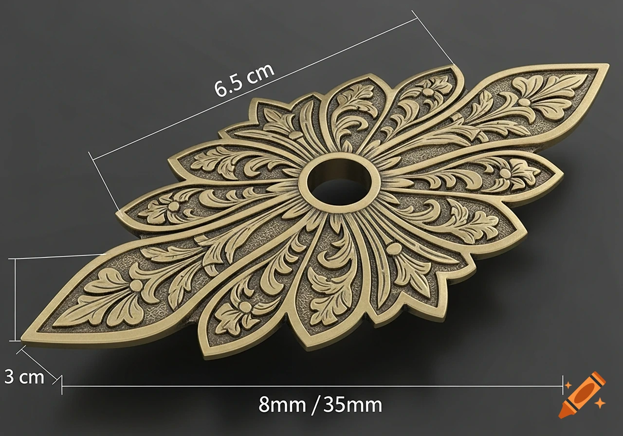 A brass ornamental plate shaped like a stylized flower, featuring etched floral patterns and labeled dimensions of 3 cm, 6.5 cm, and 8mm/35mm.