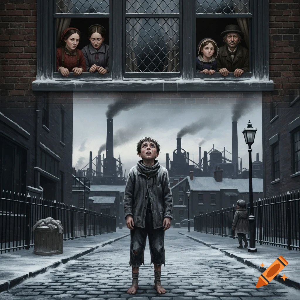 Somber painting of a barefoot boy in a snowy cobblestone street, looking up at a family in a window with an industrial city background.