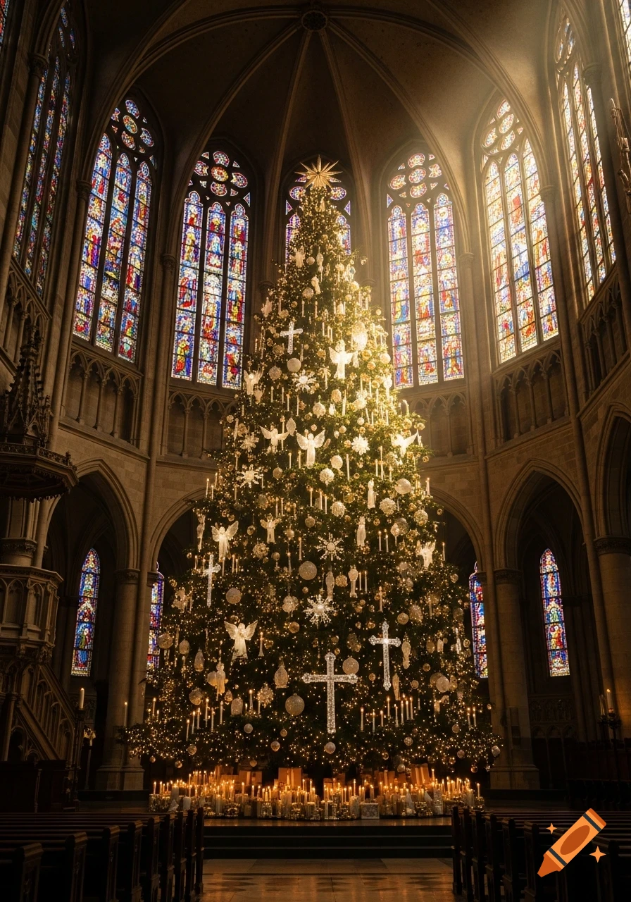 A towering, glowing Christmas tree adorned with white and gold ornaments, angels, and crosses stands in a grand Gothic cathedral with stained-glass windows.