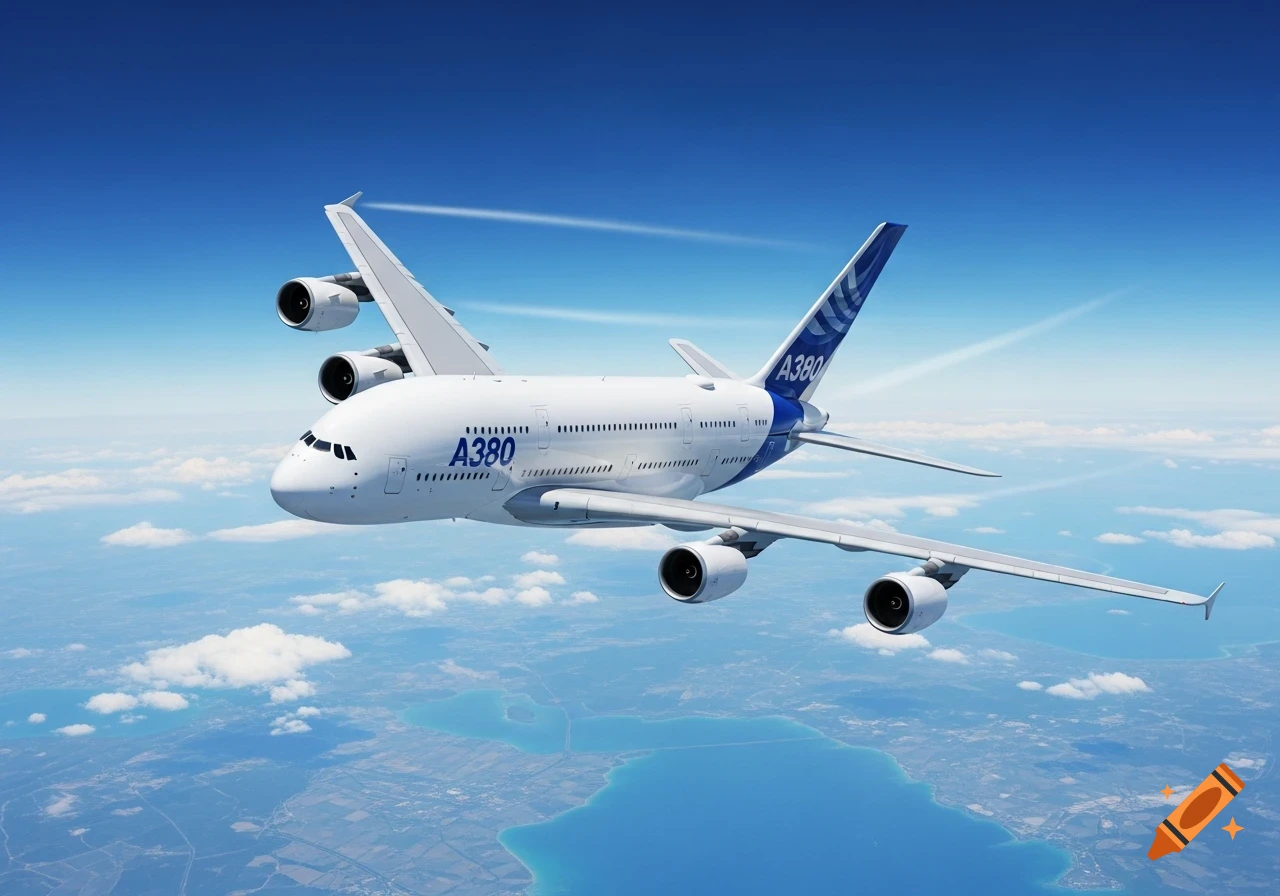 A white Airbus A380 airplane with blue tail accents flying over land and blue water under a clear sky.