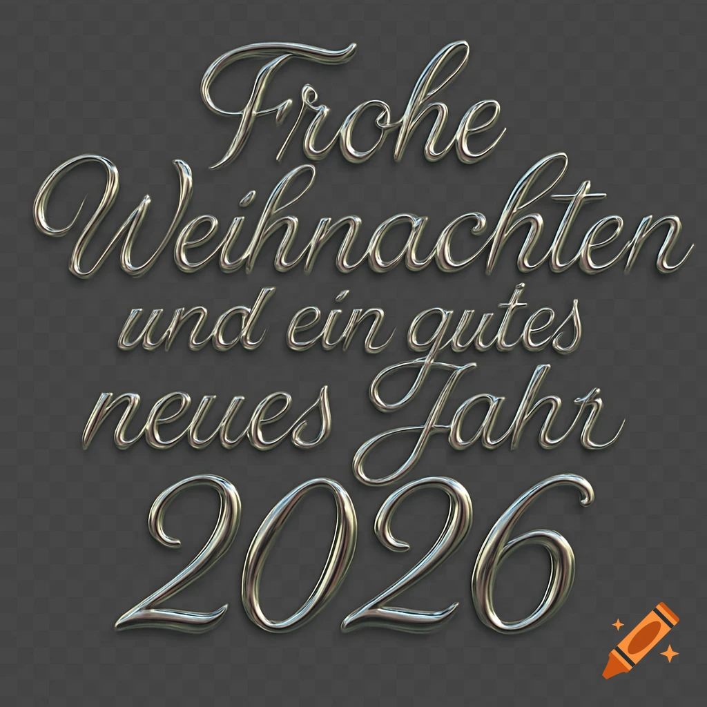 Shiny metallic text reads 'Frohe Weihnachten und ein gutes neues Jahr 2026' on a transparent background.