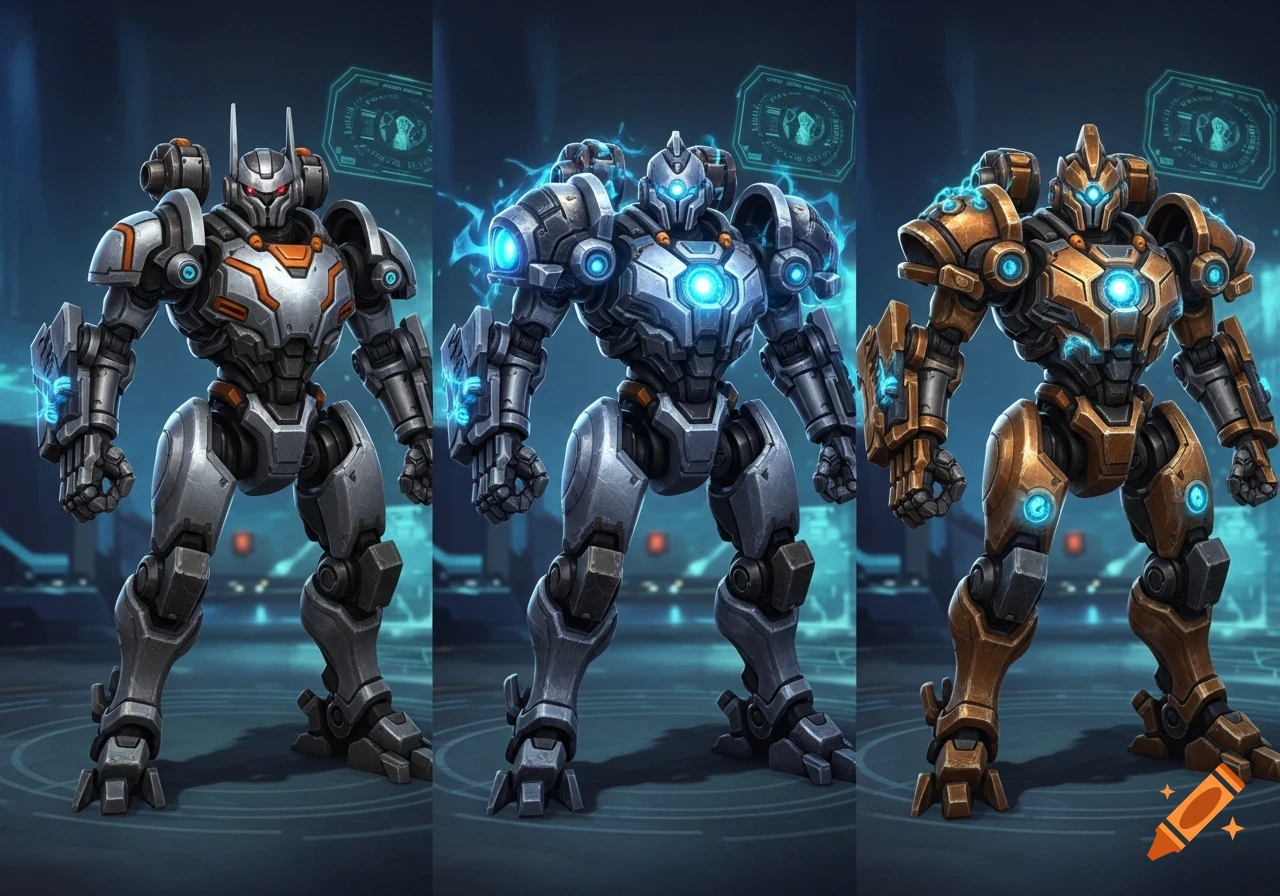 Three detailed robot models, one silver with orange accents, one silver with intense blue energy, and one bronze, standing in a sci-fi setting.