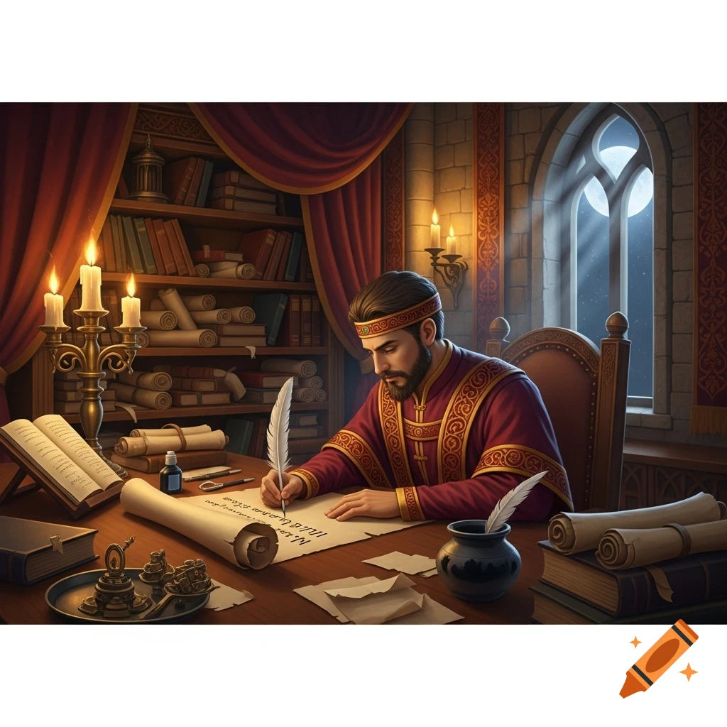 A bearded scribe in ornate robes writes on a scroll with a quill in a dimly lit medieval study with bookshelves and a moonlit window.