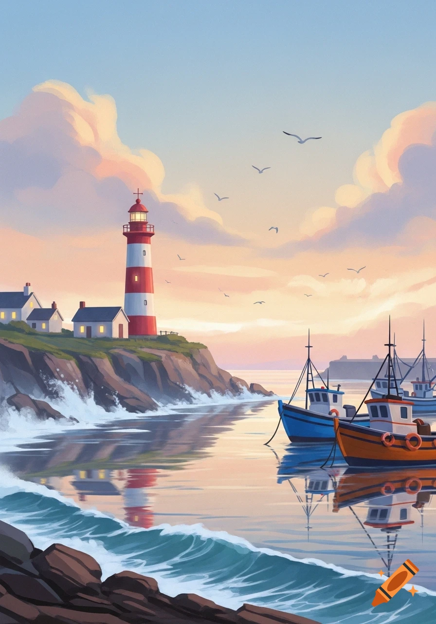 Illustrated coastal scene at sunset with a red and white lighthouse on a cliff, small houses, and fishing boats docked in calm water.