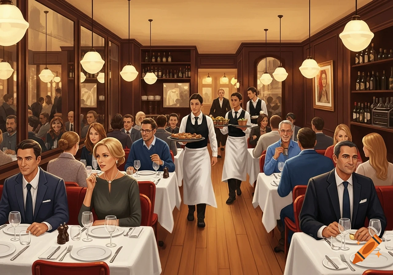 A busy, well-lit restaurant scene with multiple patrons dining at tables and waiters carrying food trays.