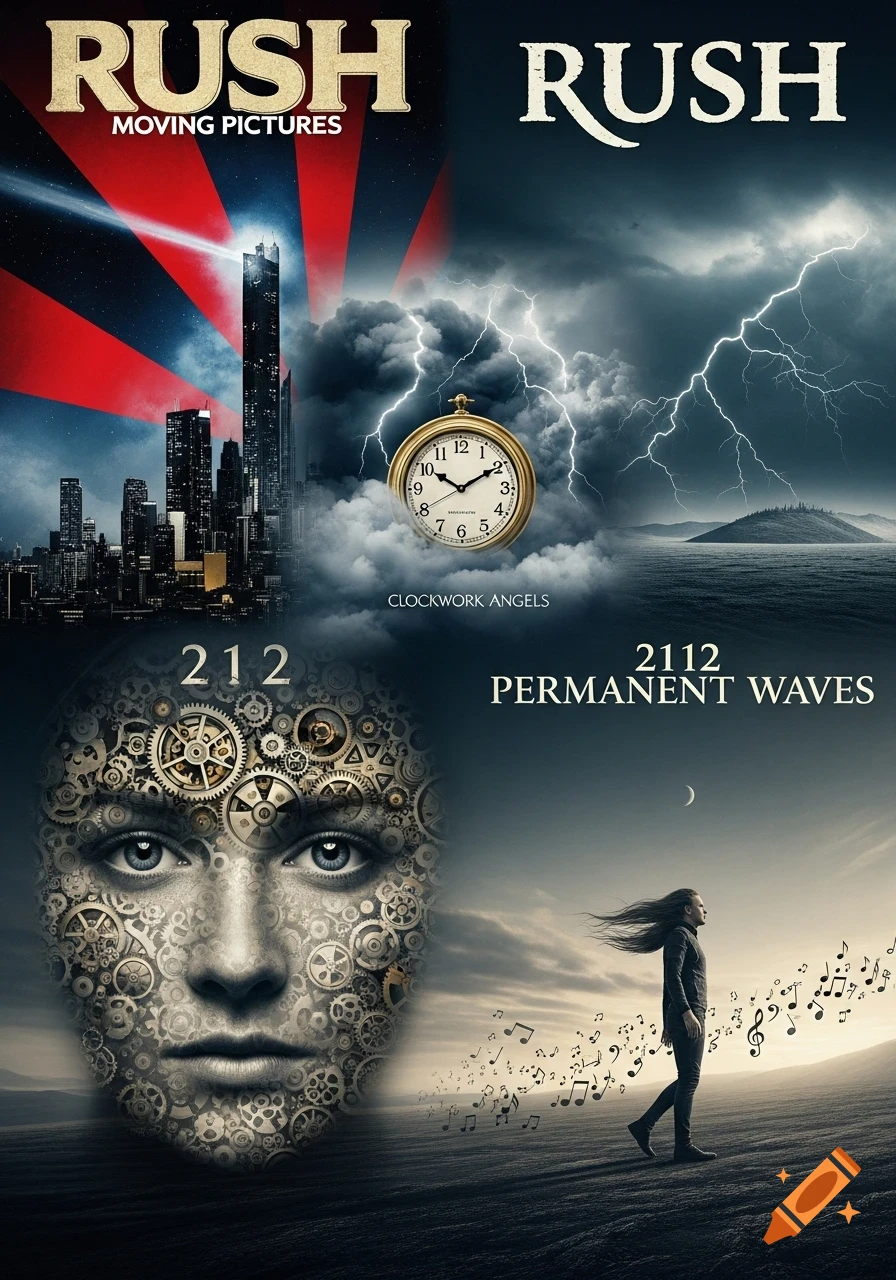 A four-panel collage featuring elements from Rush album covers, including cityscapes, a stormy sky, a gear-covered face, and a figure with musical notes.