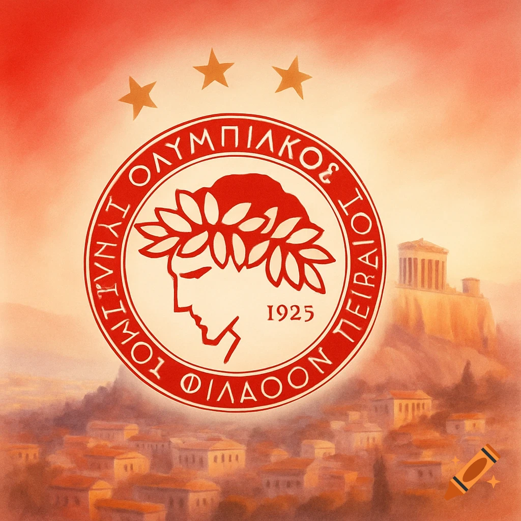 An illustration of the Olympiacos logo, featuring a profile of a man with a laurel wreath and the year 1925, set against a background of Athens with the Parthenon, in red and white gradients.