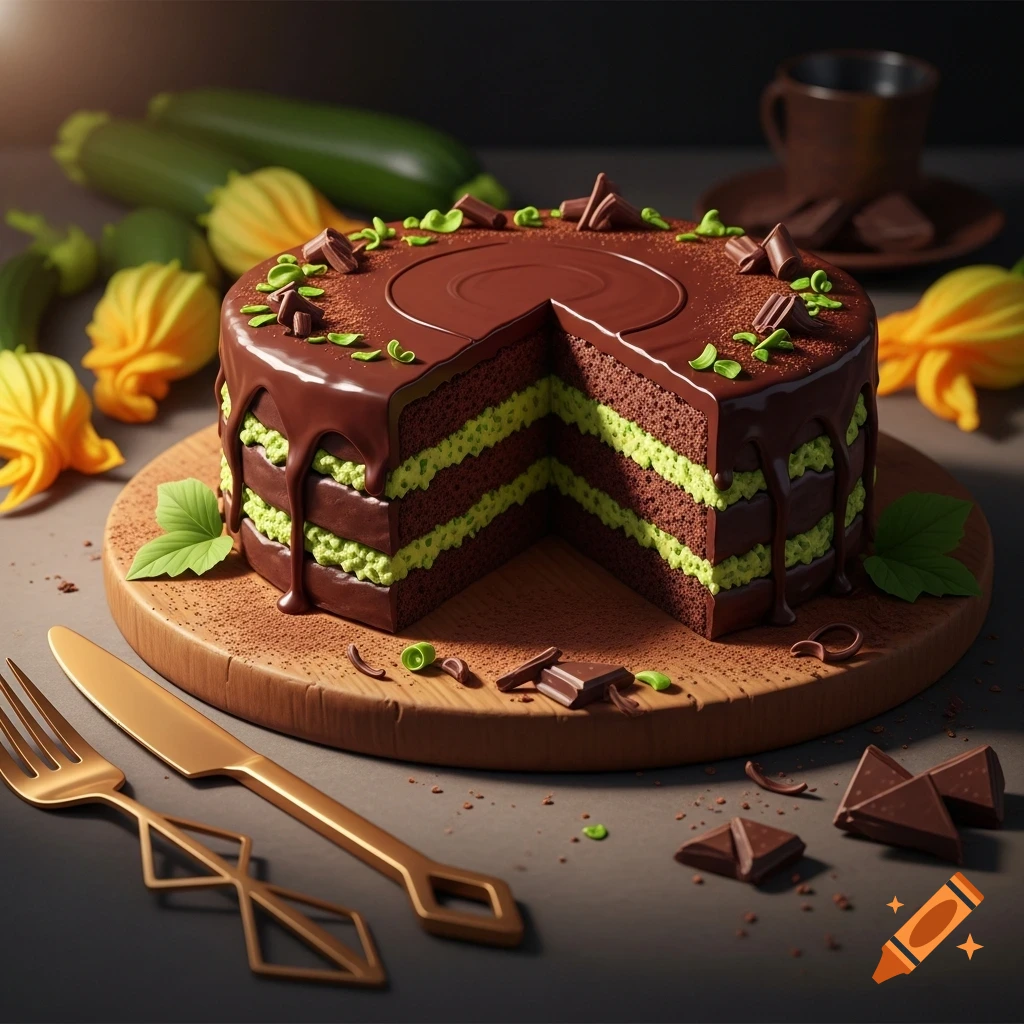 A rich chocolate cake with bright green layers, a slice removed, on a wooden board with gold cutlery and zucchini.
