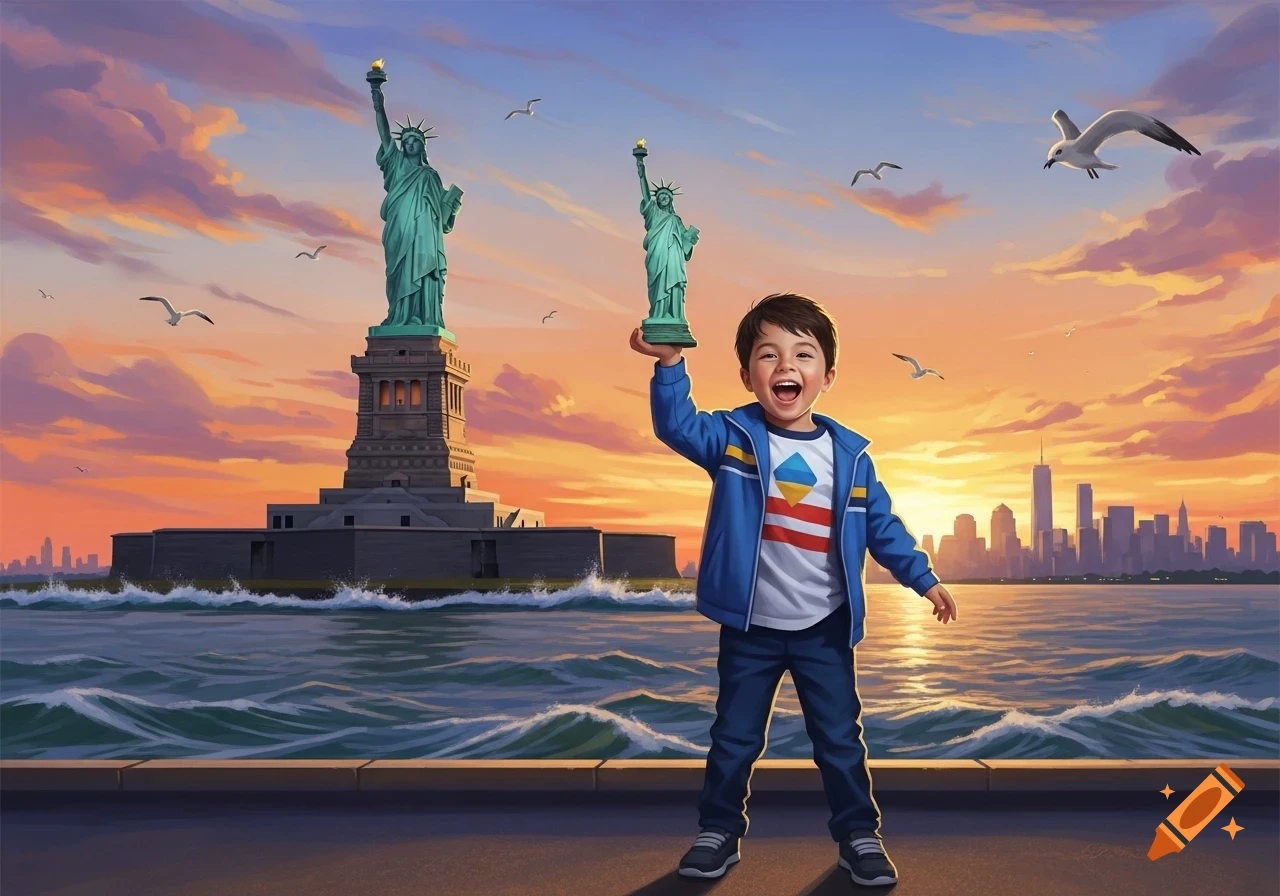 Smiling child holds a Statue of Liberty figurine in front of the actual landmark and New York City skyline at sunset, illustrated.