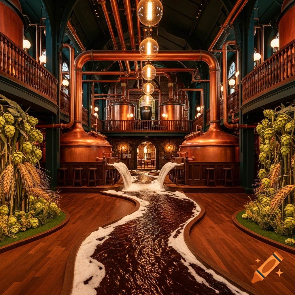 A whimsical brewery interior featuring a river of dark beer, copper vats, and lush hop and wheat plants.