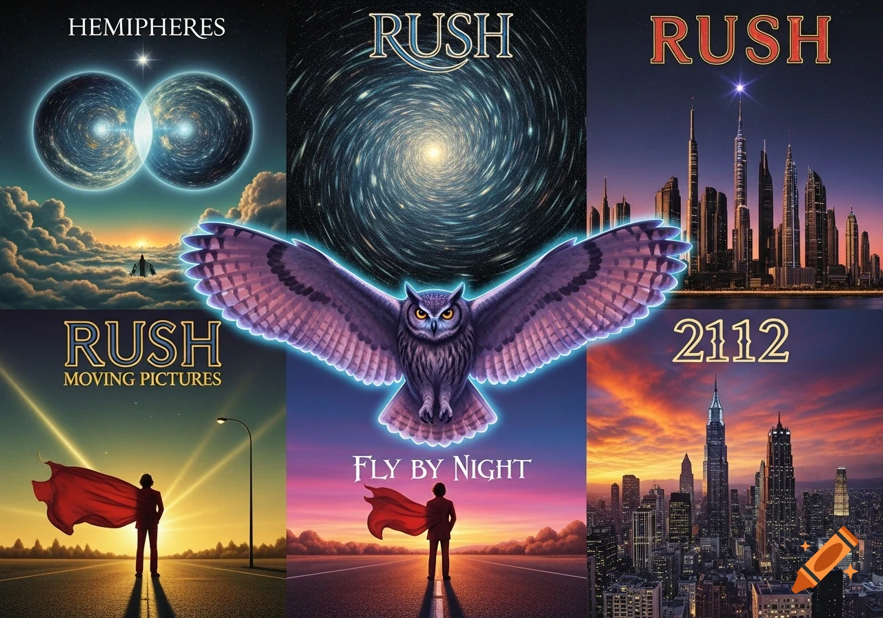 A vibrant collage of six Rush album covers, featuring celestial bodies, an owl, futuristic cityscapes, and a man in a red cape standing on a road.
