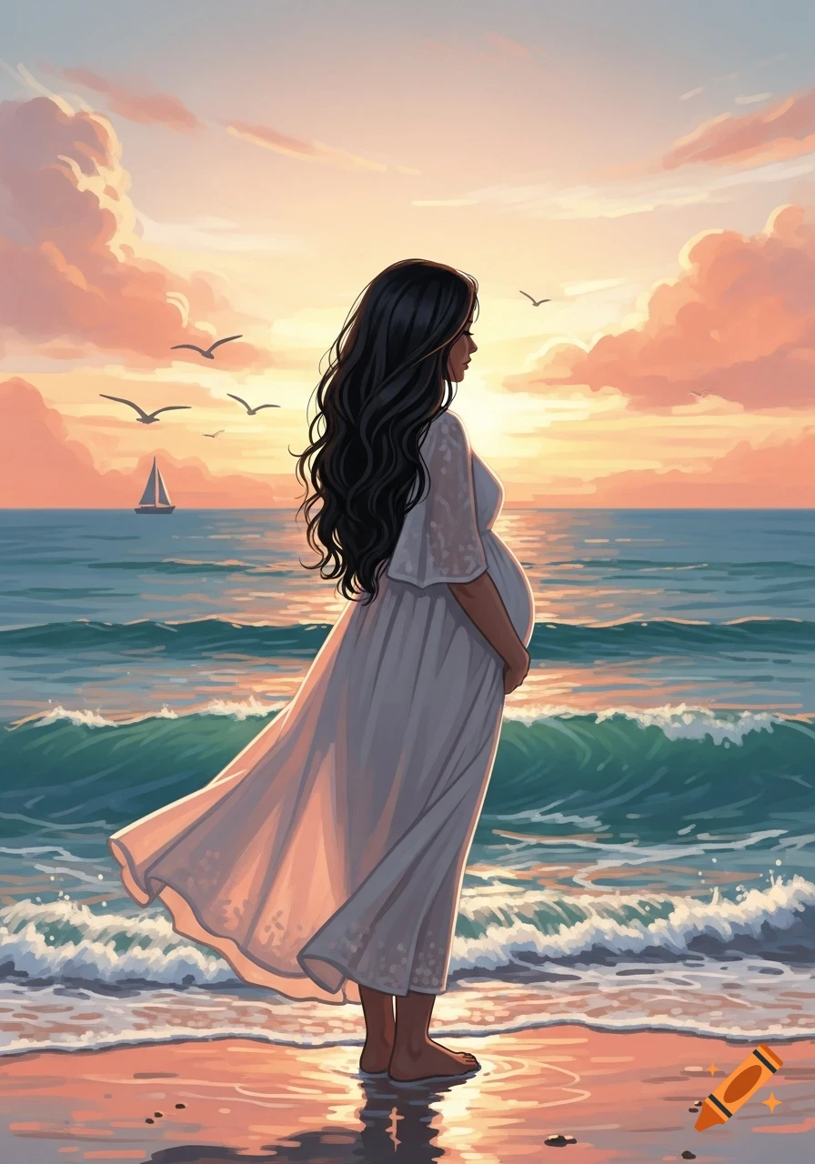 An illustration of a pregnant woman with long black hair, standing on a beach at sunset, looking out at the ocean with waves crashing.