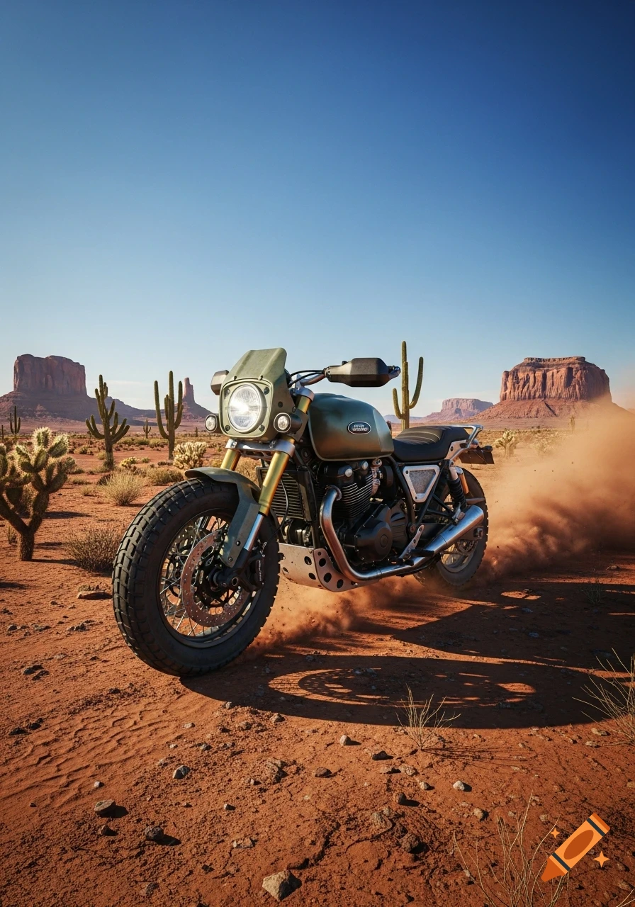 A green off-road motorcycle kicks up dust on a desert road, with cacti and mesa rock formations under a clear blue sky.