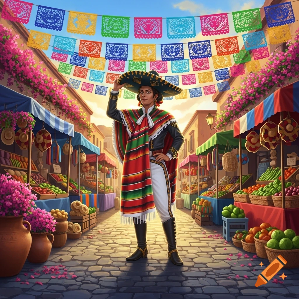 A person in a sombrero and serape poses in a vibrant Mexican outdoor market under colorful papel picado banners.