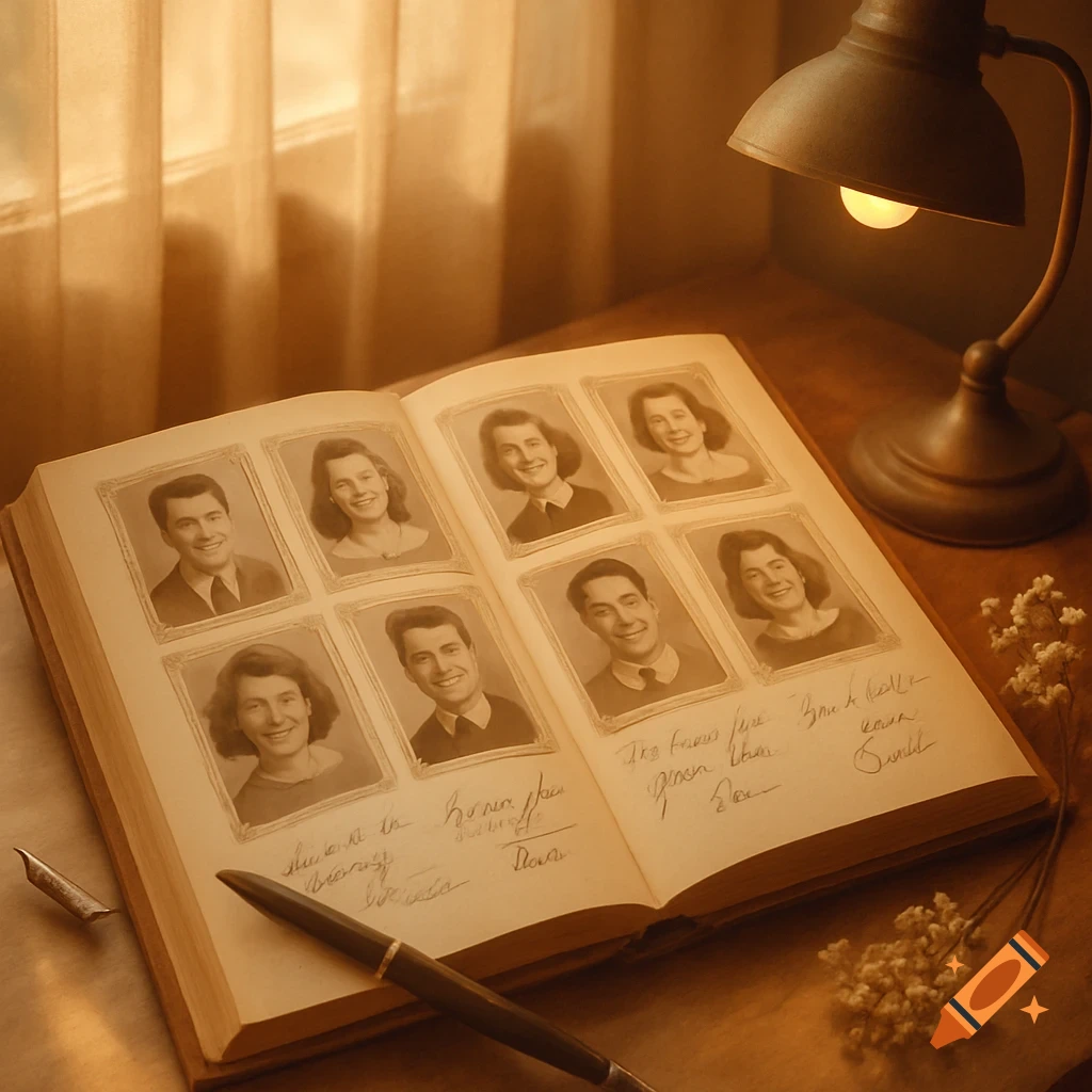 An open vintage photo album on a wooden desk, displaying sepia-toned portraits and illegible handwritten notes, illuminated by a desk lamp.