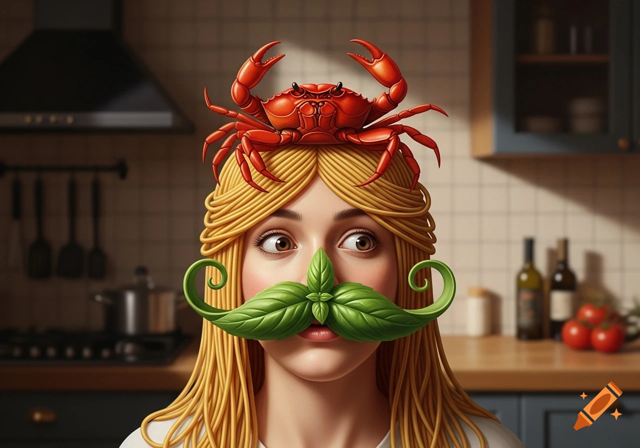 A whimsical person in a kitchen with spaghetti hair, a red crab on their head, and a green basil leaf mustache.