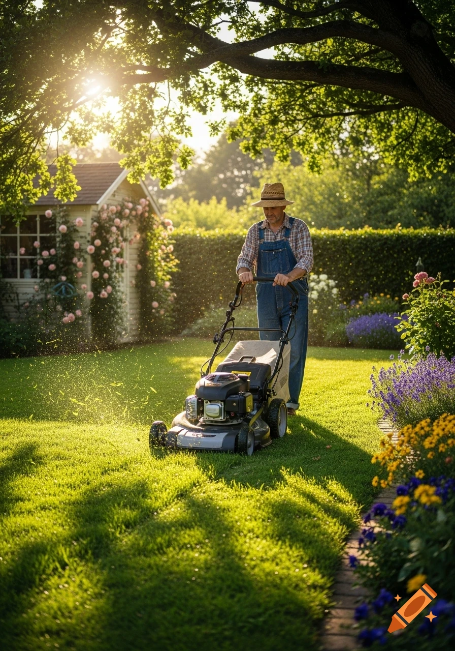 A man in a straw hat and overalls mows a lush green lawn in a sunny garden with a shed and flowers.