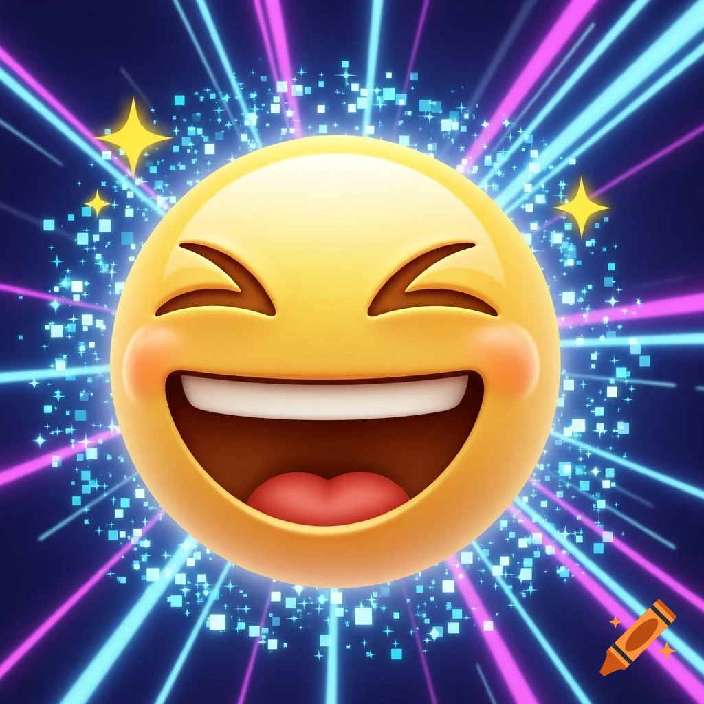 A 3D-rendered yellow laughing emoji with rosy cheeks and closed eyes, surrounded by glowing blue and pink light rays and sparkling particles on a dark blue background.