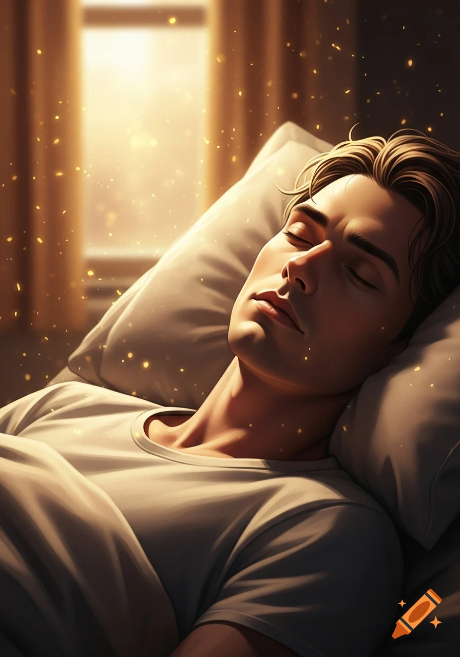 A man with closed eyes sleeps peacefully on a pillow in a warm, dreamy, cinematic scene with glowing particles.