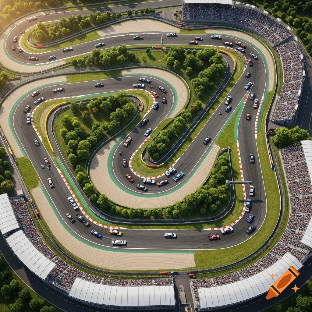 Aerial view of a winding motorsport race track with many cars, green trees, and crowded grandstands, under a sunny sky.
