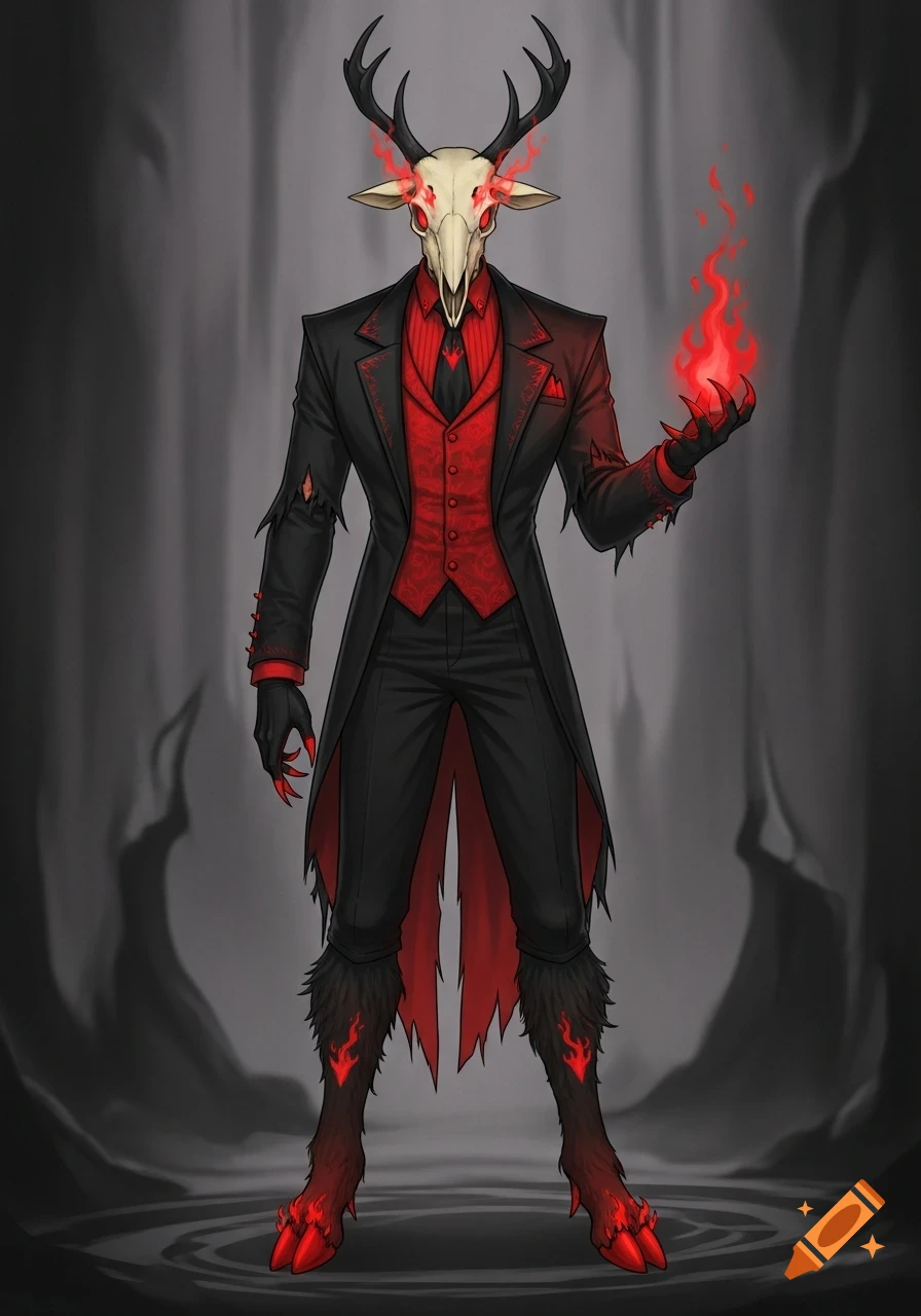 A stylized illustration of a tall, slim demon in a black and red suit with a deer skull head, antlers, glowing red eyes, and fiery hooves, holding a red flame.