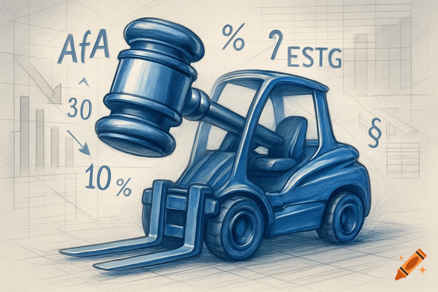 Blue sketch of a forklift with a gavel for its lift, surrounded by financial and legal symbols and a bar chart.