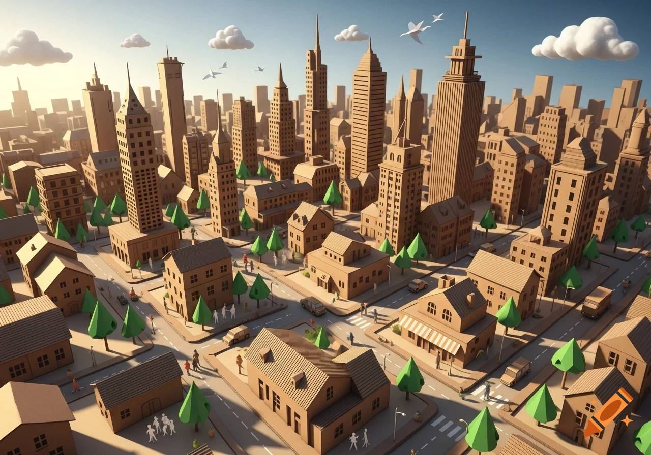 An aerial view of a detailed city built entirely from cardboard, featuring skyscrapers, houses, cars, people, and trees under a clear sky.