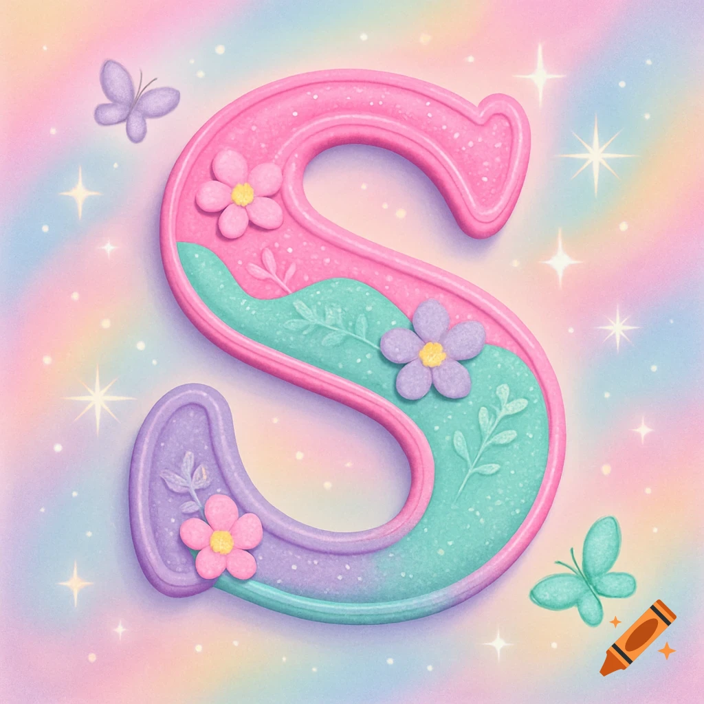 Glittery, pastel pink, mint green, and purple letter S with flowers and butterflies on a sparkling rainbow background.