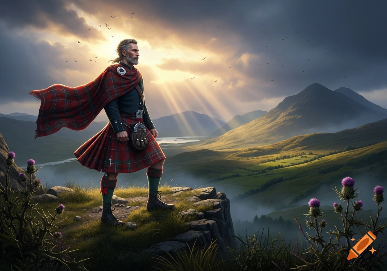 A grizzled man in a red tartan kilt and cloak stands on a rocky cliff overlooking a vast, misty Scottish loch and green mountains under a dramatic, sunlit sky.