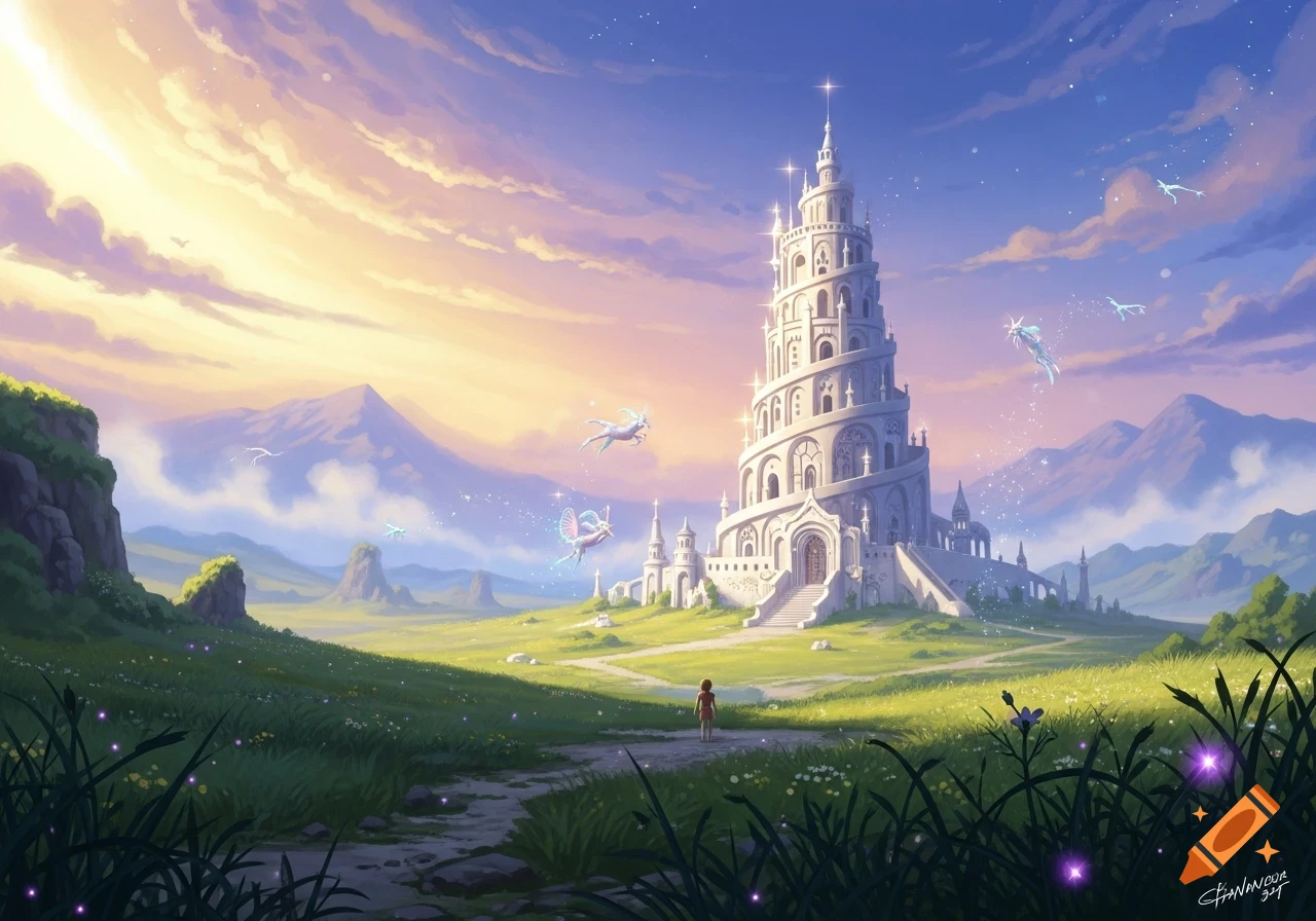 Whimsical fantasy landscape with a spiraling white castle, glowing ethereal creatures, and a small figure under a dramatic sunset sky.