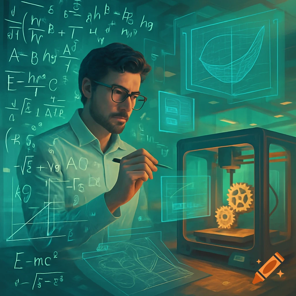 A man with glasses works on a design, surrounded by glowing green mathematical equations and a 3D printer in a futuristic lab.