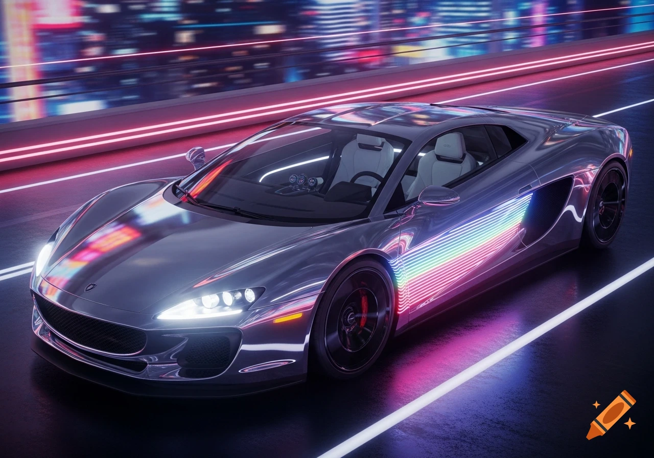 A sleek, chrome sports car with rainbow neon reflections drives on a dark road illuminated by pink and blue neon lights, with a blurred futuristic cityscape in the background.