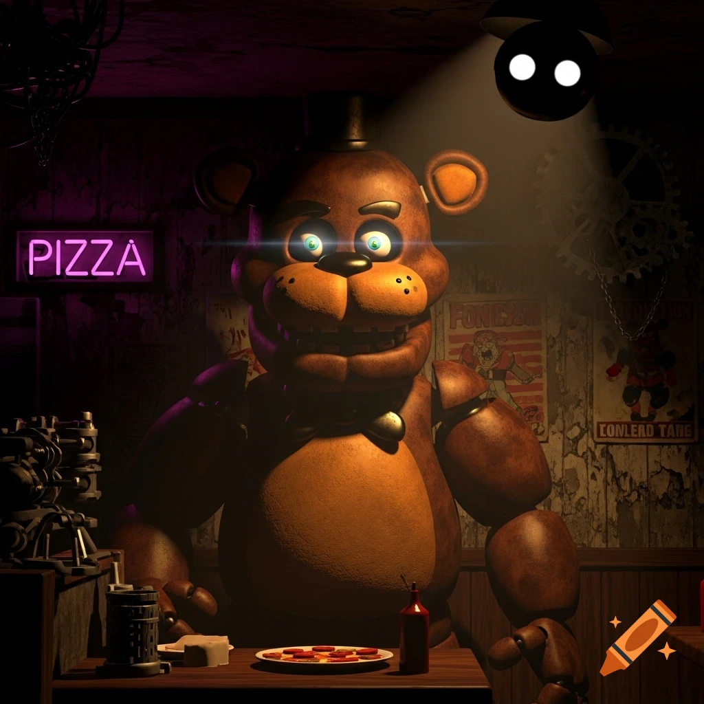 A creepy brown animatronic bear, Freddy Fazbear, with glowing eyes sits at a counter with pizza in a dark, grimy room lit by a neon PIZZA sign.