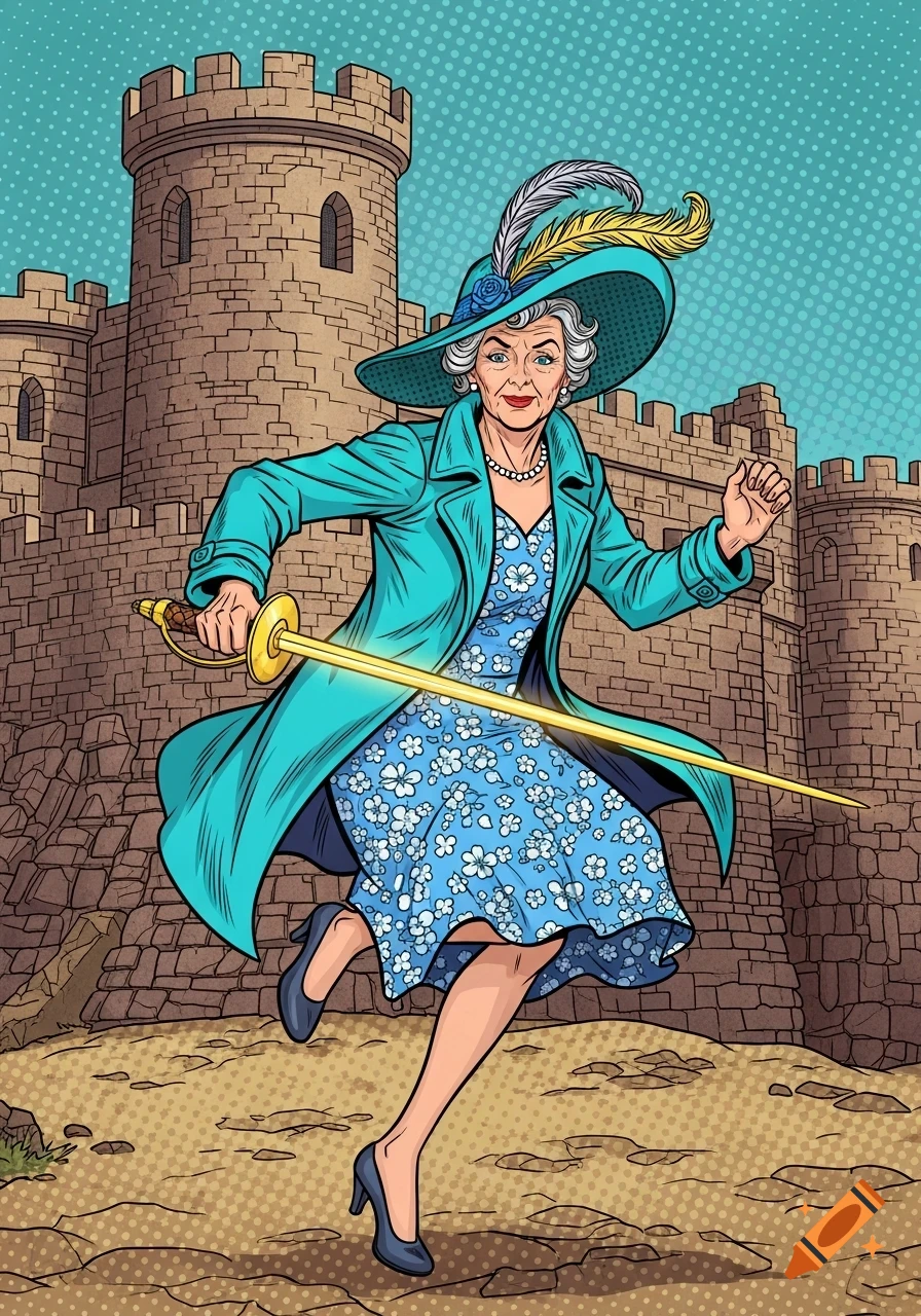 Pop art of an angry elderly heroine in cyan coat and hat, holding a golden saber, running in front of a stone medieval castle.