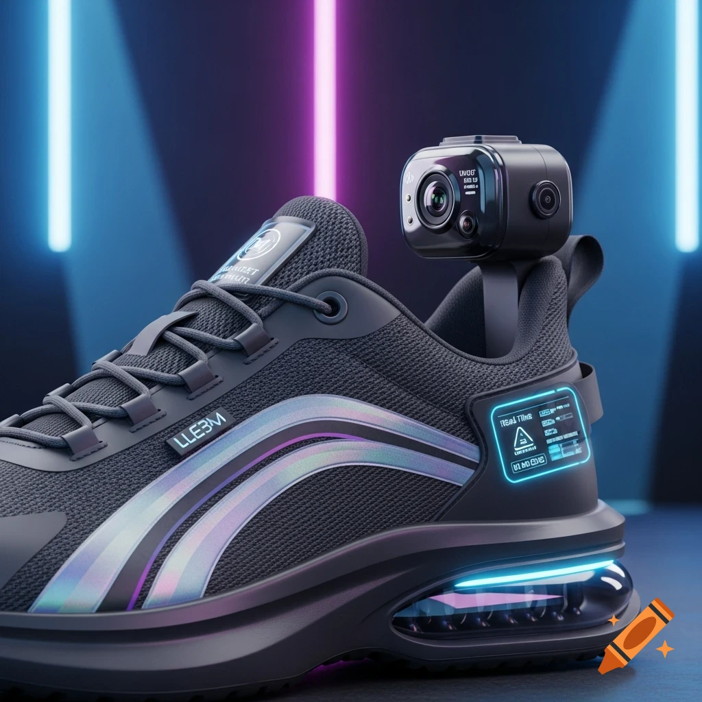 Close-up of a futuristic black sneaker with glowing accents and an attached action camera, set against a neon-lit background.