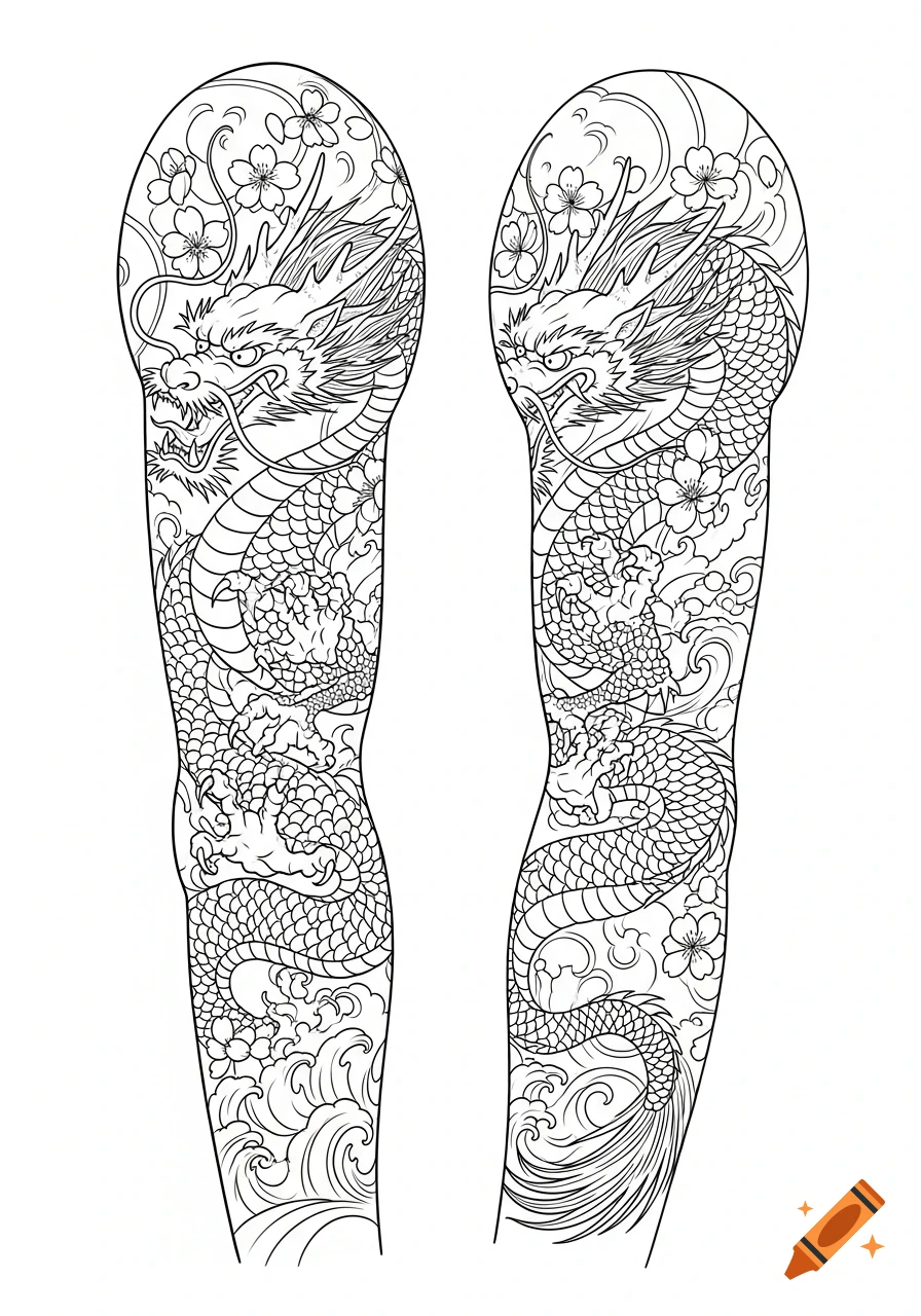 Two ultra-detailed Japanese dragon full-sleeve tattoo designs with sakura blossoms and waves, in pure black-and-white line art.