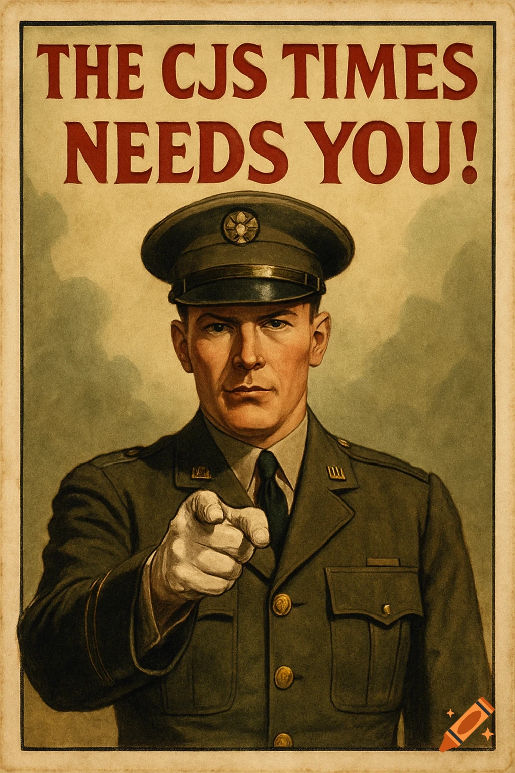 A vintage propaganda poster of a stern man in a military uniform pointing forward with "THE CJS TIMES NEEDS YOU!"