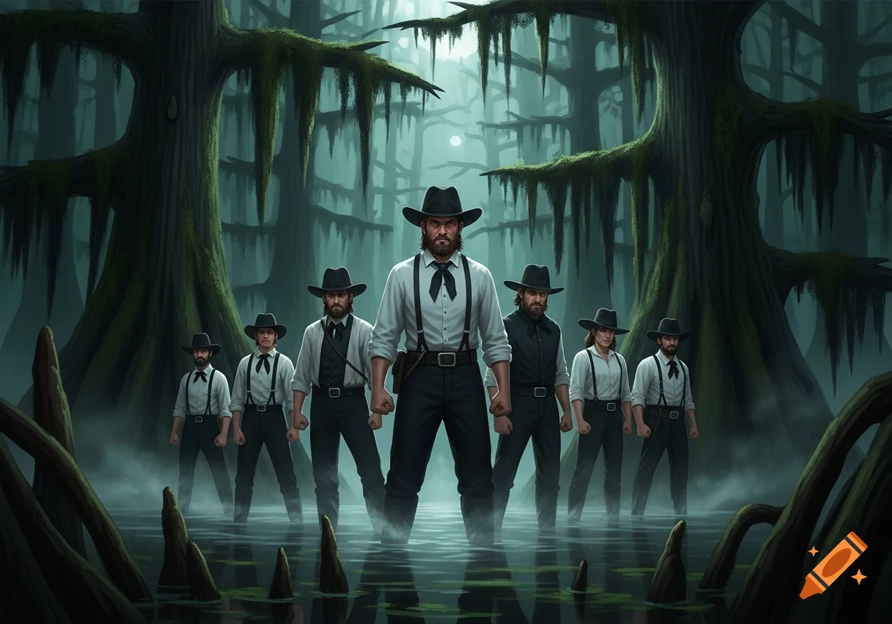 A group of stern men in cowboy hats and suspenders stand in a misty, moss-covered swamp, reflected in the water.