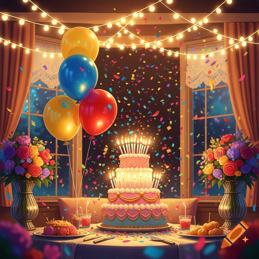 A vibrant birthday celebration with a large tiered cake, lit candles, colorful balloons, falling confetti, and floral arrangements on a table.