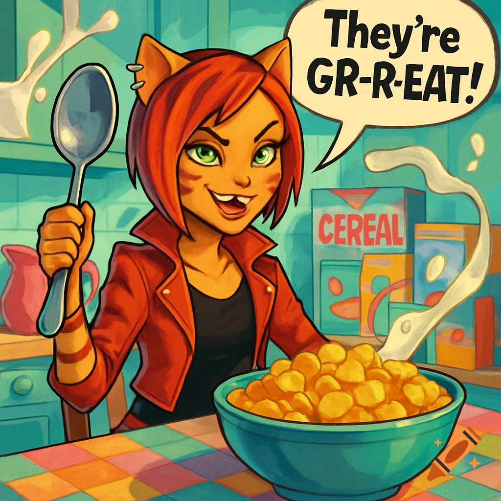 Cartoon cat-girl in a red jacket holds a spoon while eating cereal, with a speech bubble saying 'They're GR-R-REAT!' in a colorful kitchen.